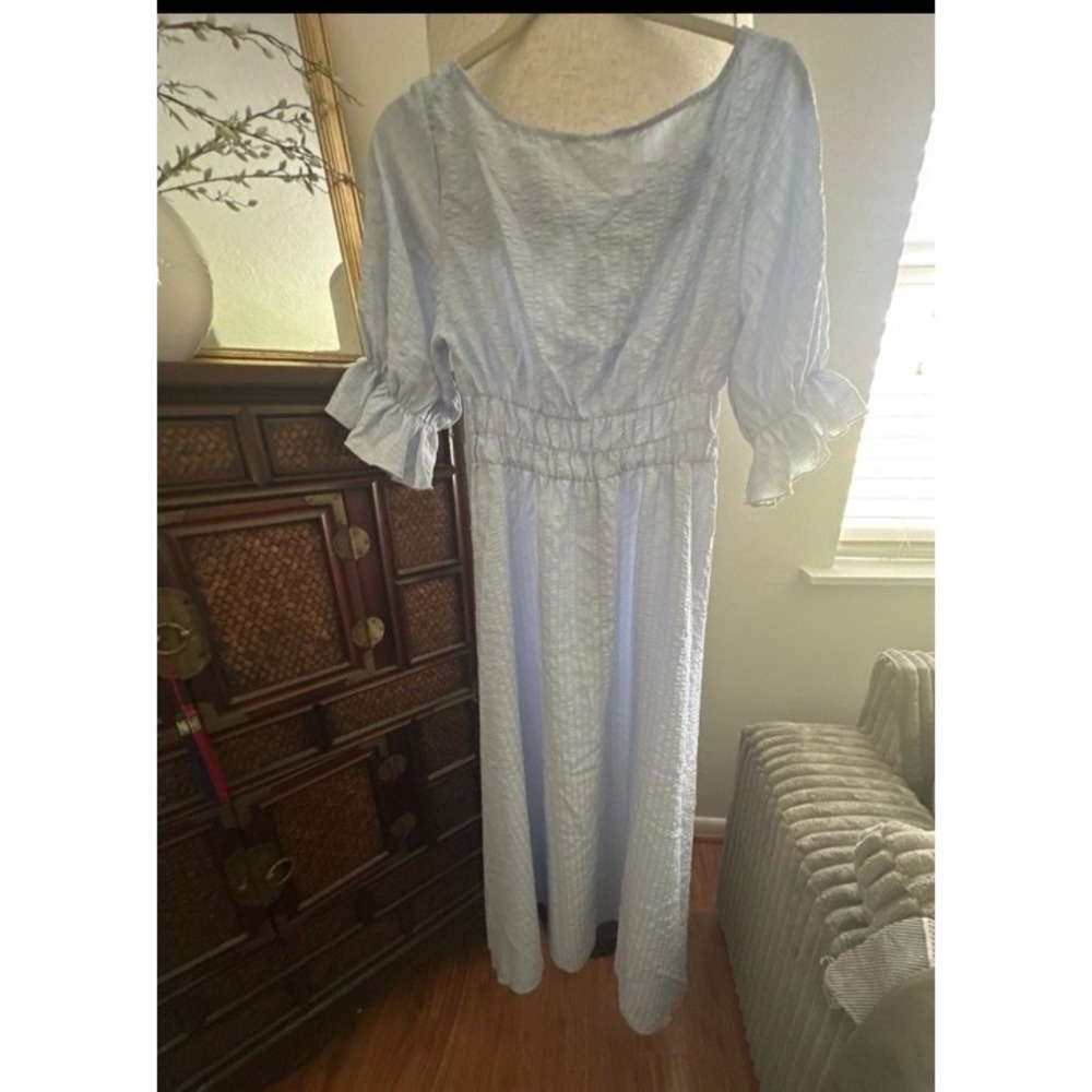 VTG Peasant Blue Prairie Dress Long Maxi Short Sleeve Embroidered Size M/L - Picture 8 of 16